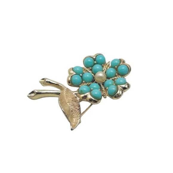 Sarah Coventry Blue Faux Turquoise 1964 Flower Brooch Signed Gold Tone Vintage - Picture 2 of 4